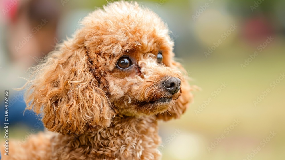 A close-up shot of an adorable brown poodle with curly fur, looking sideways with a curious expression, highlighting its soft texture and gentle appearance. A close-up shot of an adorable brown poodle with curly fur, looking sideways with a curious expression, highlighting its soft texture and gentle appearance.