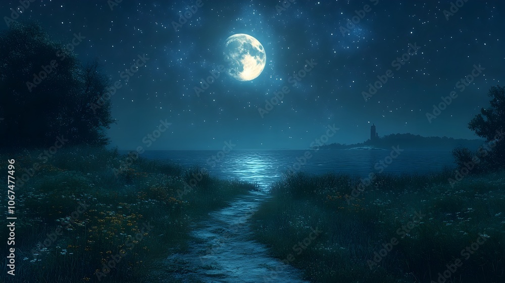 Moonlit River Through Tranquil Forest at Night Moonlit River Through Tranquil Forest at Night