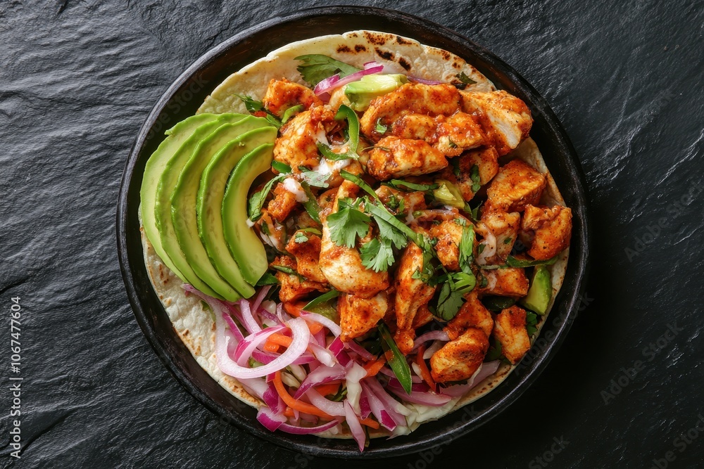 Avocado and cabbage slaw chicken tacos with pickled onions Top down view of a dark stone table setting Avocado and cabbage slaw chicken tacos with pickled onions Top down view of a dark stone table setting