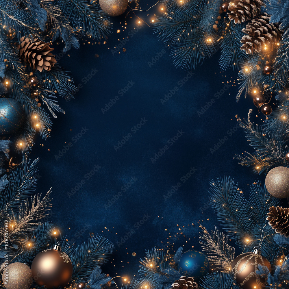 Fototapeta premium Square Christmas or New Year frame top view, decorative stars, balls and tree branches over blue navy background. Copy space, place for text, illustration, background