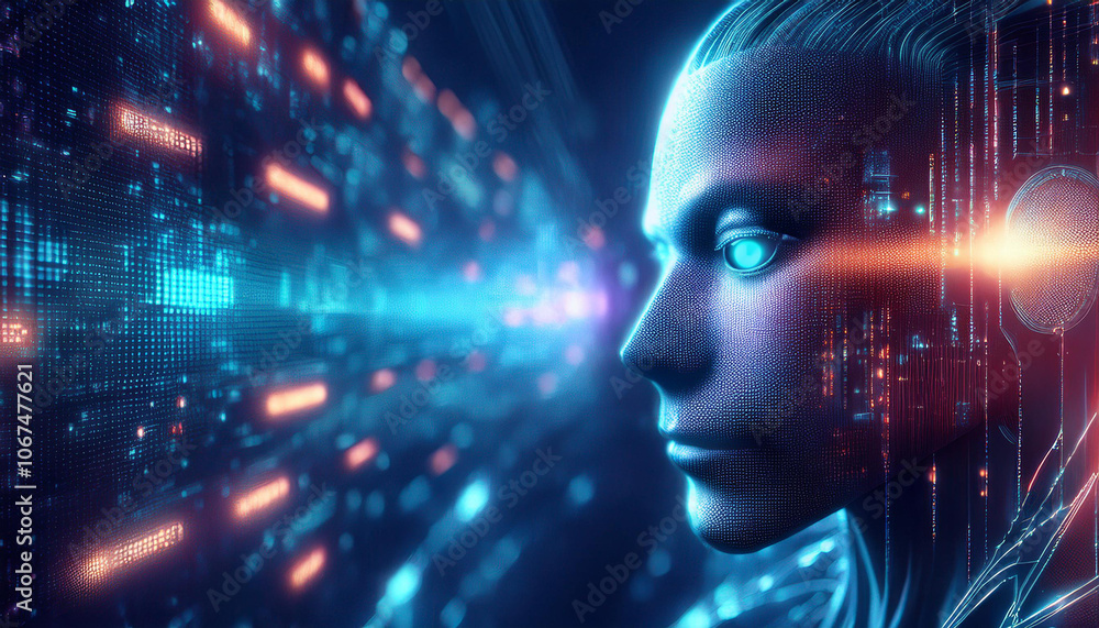 AI Awakening: A mesmerizing digital portrait of an AI being, her eyes reflecting the vastness of technological possibilities, surrounded by a vibrant display of digital data streams. AI Awakening: A mesmerizing digital portrait of an AI being, her eyes reflecting the vastness of technological possibilities, surrounded by a vibrant display of digital data streams.