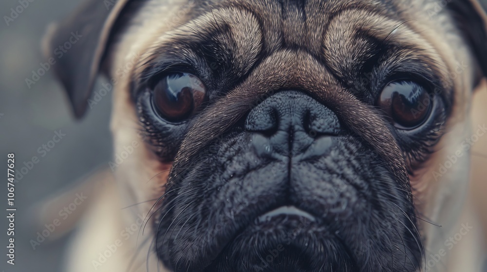 A close-up of a pug's face featuring its large, shiny eyes and distinctive wrinkled muzzle, capturing an expressive and endearing canine presence. A close-up of a pug's face featuring its large, shiny eyes and distinctive wrinkled muzzle, capturing an expressive and endearing canine presence.