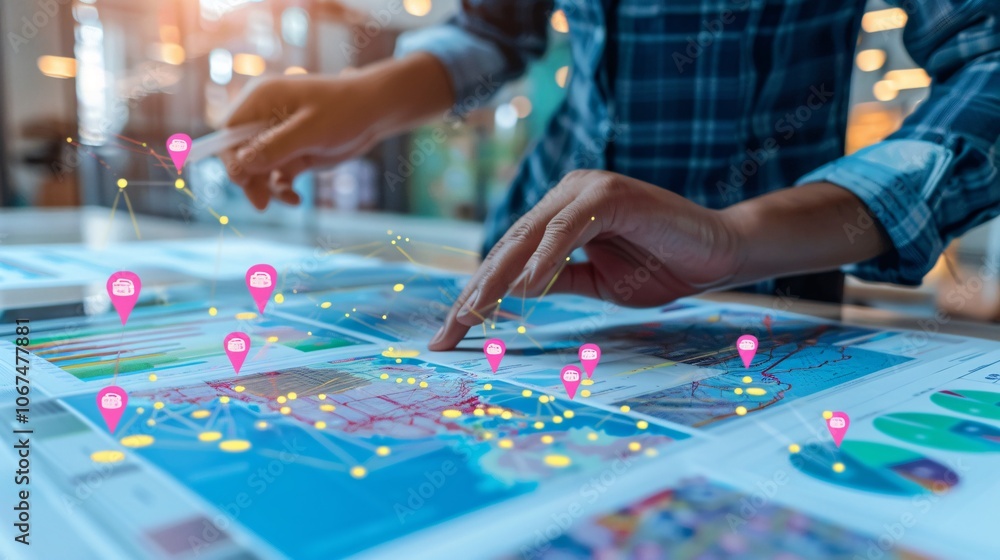 Fototapeta premium Distribution planning with maps, logistics data, and product flow charts