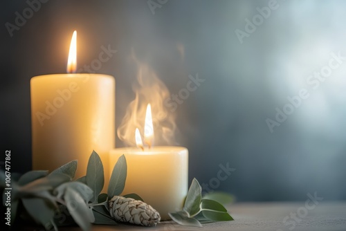 Background features white sage and burning candles with empty space for text