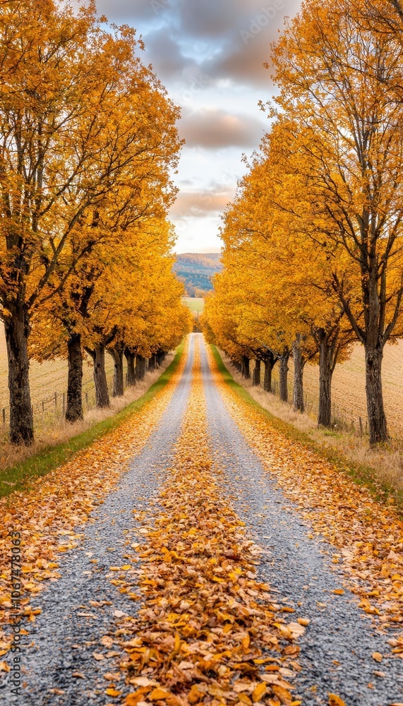 Naklejka premium Leafstrewn road in autumn, countryside path lined with old trees, soft golden light, cozy and nostalgic fall scene