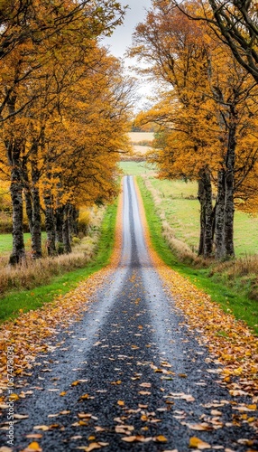 Leafstrewn road in autumn, countryside path lined with old trees, soft golden light, cozy and nostalgic fall scene photo