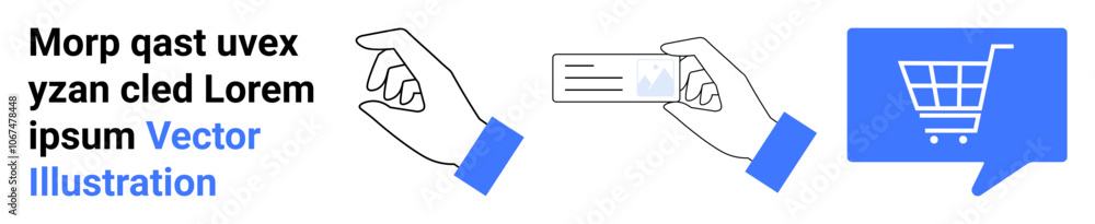 Two hands, one holding a blank card and the other a shopping cart in a speech bubble. Ideal for e-commerce, online shopping, payment methods, communication, graphic design, marketing, user interface Two hands, one holding a blank card and the other a shopping cart in a speech bubble. Ideal for e-commerce, online shopping, payment methods, communication, graphic design, marketing, user interface