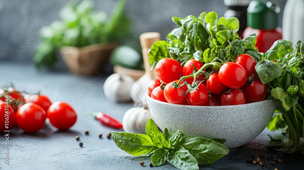 Fresh basil and cherry tomatoes in a bowl with herbs Fresh basil and cherry tomatoes in a bowl with herbs