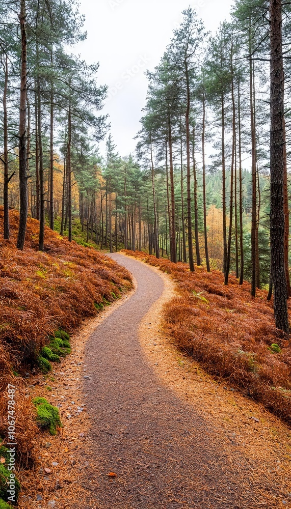 Fototapeta premium Narrow path winding through dense autumn forest, rich brown and golden tones, rustic charm, peaceful seasonal landscape
