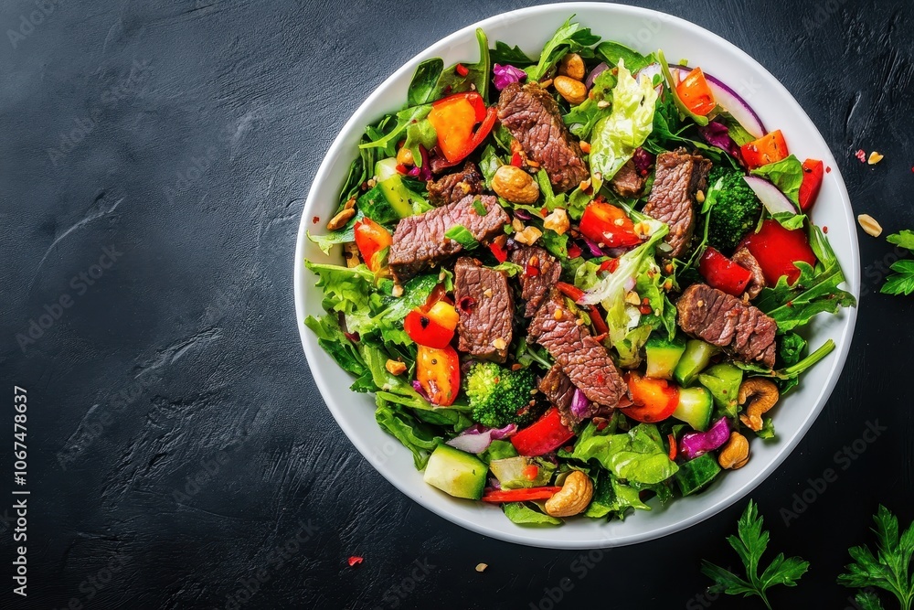 Beef salad with veggies and nuts in a white bowl against a dark backdrop Asian cuisine idea Beef salad with veggies and nuts in a white bowl against a dark backdrop Asian cuisine idea