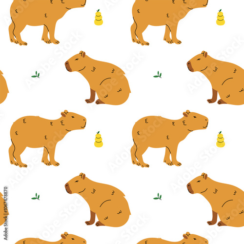 Seamless pattern with cute cartoon capybara illustration. South America fauna.