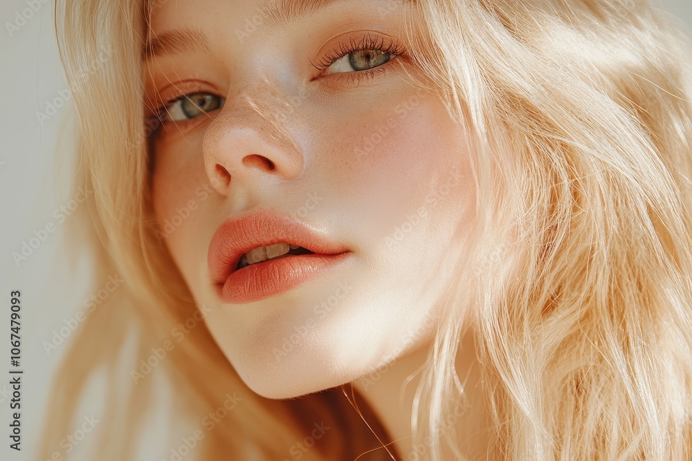 Blonde model with natural makeup glowing skin and long hair Concept of feminine beauty and skincare Blonde model with natural makeup glowing skin and long hair Concept of feminine beauty and skincare