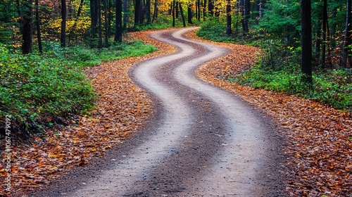 Winding dirt road through dense autumn woods, rustic pathway surrounded by colorful leaves, peaceful and reflective scene