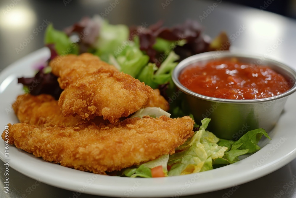 Breaded chicken strips and mixed greens with tomato dipping sauce Breaded chicken strips and mixed greens with tomato dipping sauce