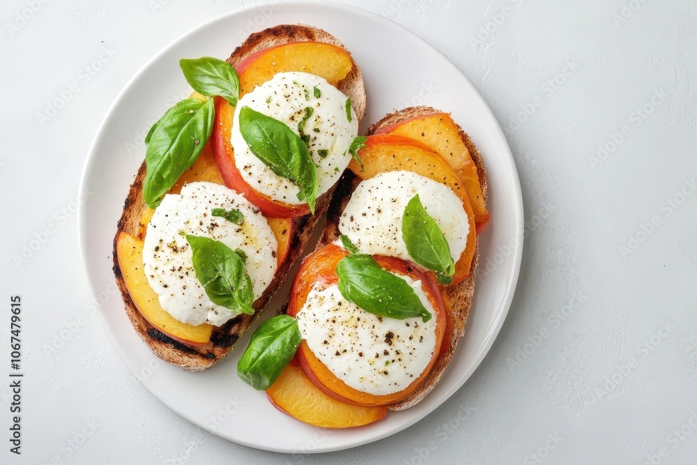 Bruschetta topped with grilled peach and mozzarella salad Tasty well balanced meal idea Blank area for text Overhead view Bruschetta topped with grilled peach and mozzarella salad Tasty well balanced meal idea Blank area for text Overhead view