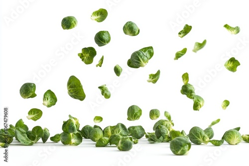 Brussels sprouts dropping against a white backdrop