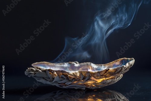 Burning white sage on an abalone shell against a dark backdrop a Native American ritual for clearing negativity photo