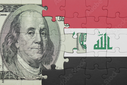 puzzle with the national flag of iraq and the usa dollar money .finance concept