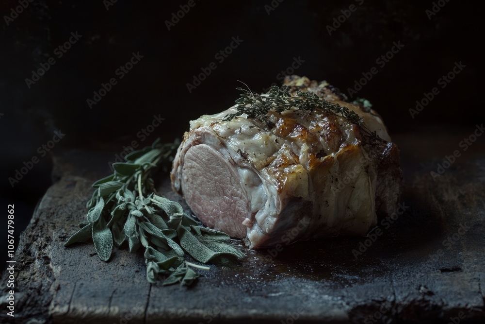 Carved roasted prime pork joint garnished with thyme and sage set against a dark rustic backdrop with selective focus and space for text Carved roasted prime pork joint garnished with thyme and sage set against a dark rustic backdrop with selective focus and space for text