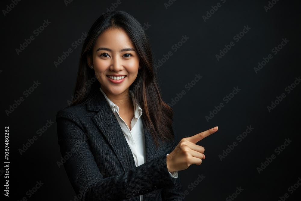Cheerful young Asian businesswoman in a sharp suit gesturing towards a blank space for a product or text against a plain backdrop Cheerful young Asian businesswoman in a sharp suit gesturing towards a blank space for a product or text against a plain backdrop