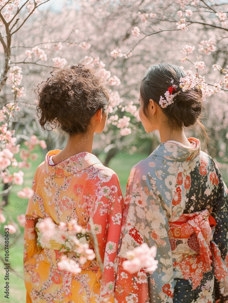 Hispanic woman and Japanese friend enjoying cherry blossoms Hispanic woman and Japanese friend enjoying cherry blossoms
