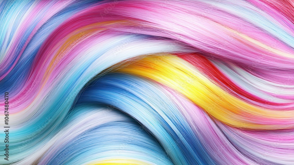 Women's hair close-up. Wavy curls are dyed in bright multicoloured colours and look well-groomed. Hair colouring in modern shades. Hairdressing procedures, extensions. Design for advertising. Women's hair close-up. Wavy curls are dyed in bright multicoloured colours and look well-groomed. Hair colouring in modern shades. Hairdressing procedures, extensions. Design for advertising.