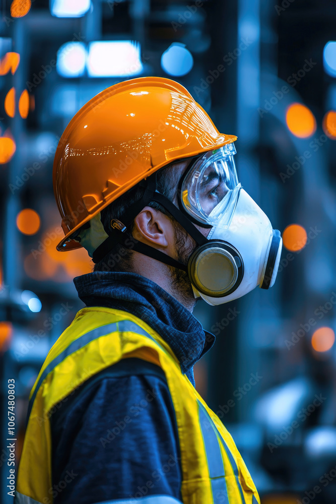 A worker in safety gear looks up, wearing an orange helmet and mask, amidst an industrial setting with blurred lights. A worker in safety gear looks up, wearing an orange helmet and mask, amidst an industrial setting with blurred lights.