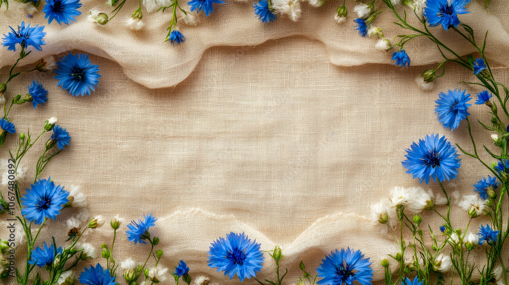 Blue and white flowers arranged on beige fabric for rustic nature-themed background Blue and white flowers arranged on beige fabric for rustic nature-themed background