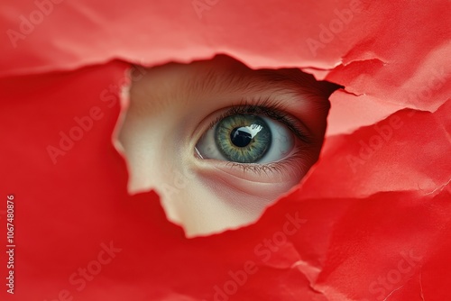 Child peering through a hole in red paper Boy tears through paper Spy eye observing through the opening photo