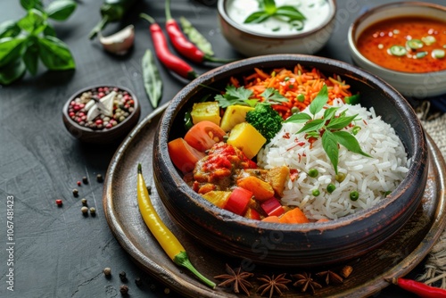 A beautifully plated Sri Lankan rice and curry with assorted vegetables and spices, copy space for text