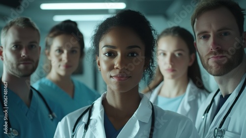 Teamwork in healthcare depicted by a friendly group of doctors, standing confidently in a hospital environment, all looking at the camera