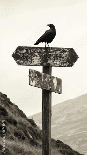 Black crow is perched on a signpost that is leaning on a signpost