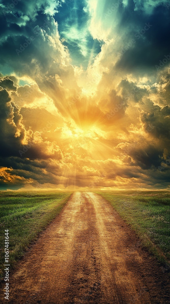 Road with a bright sun shining through the clouds Road with a bright sun shining through the clouds
