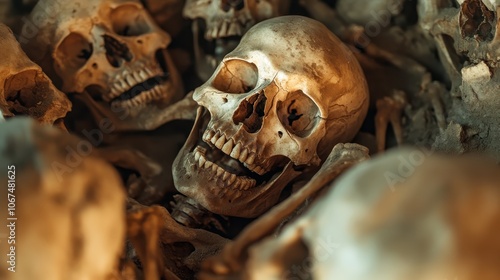 A skull lit by a gentle, golden glow amidst a tranquil arrangement of other skulls, creating an atmosphere of serenity juxtaposed against skeletal reminders of mortality. photo