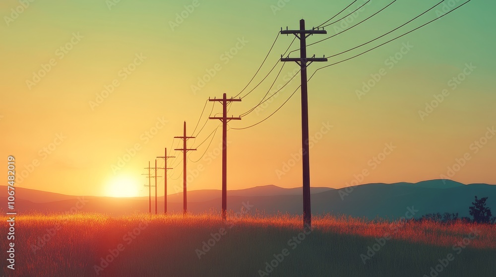 A serene sunset landscape featuring power line, lines stretching across a grassy field. A serene sunset landscape featuring power line, lines stretching across a grassy field.