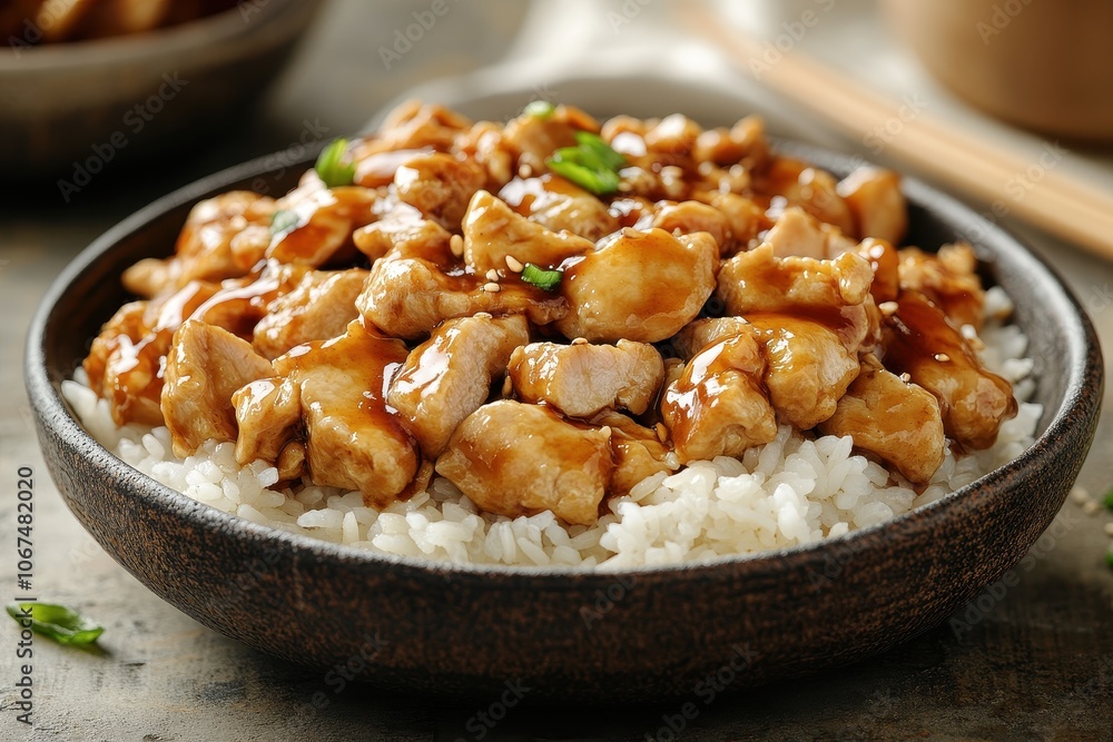 Close up side view of traditional Japanese chicken teriyaki and rice Close up side view of traditional Japanese chicken teriyaki and rice