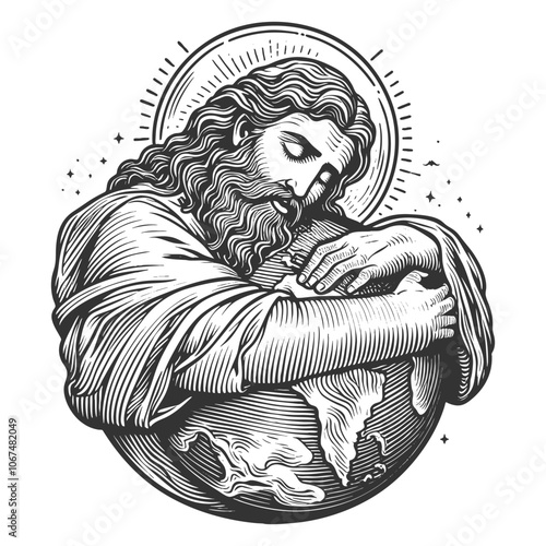 Jesus Christ God lovingly embracing Earth, symbolizing compassion, unity, care for the world, depicted in a classic, spiritual style sketch engraving generative ai vector illustration. Black and white