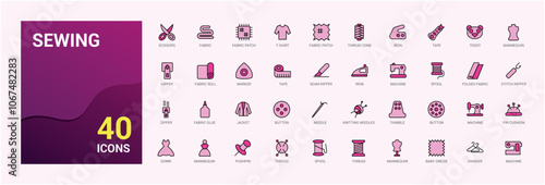 Sewing colorful linear icon collection. Related to mannequin, shear, tailoring, industry, equipment, ruler and more. Outline symbol collection. Vector icons editable stroke.