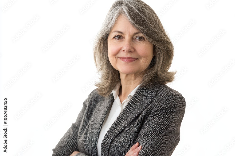 Confident middle aged businesswoman with gray hair poses alone against a white background looking at the camera Confident middle aged businesswoman with gray hair poses alone against a white background looking at the camera
