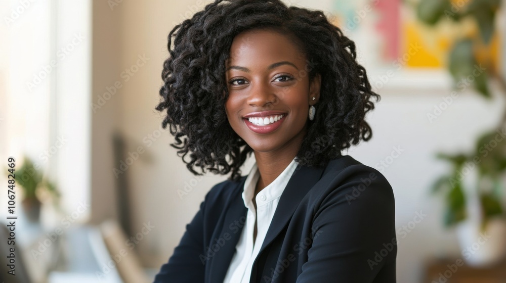 Woman at work, dressed in business attire, smiling in a bright, modern office, representing a successful corporate lifestyle Woman at work, dressed in business attire, smiling in a bright, modern office, representing a successful corporate lifestyle