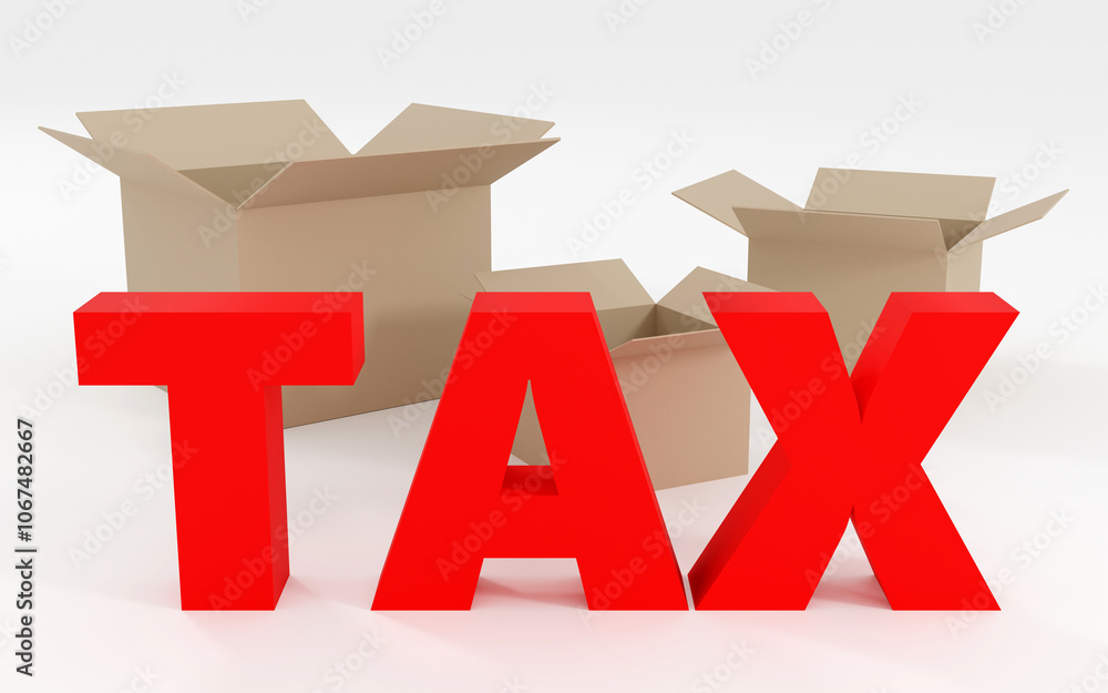 Luxury red inscription tax on grey podium, soft light, smooth background, 3d rendering Luxury red inscription tax on grey podium, soft light, smooth background, 3d rendering