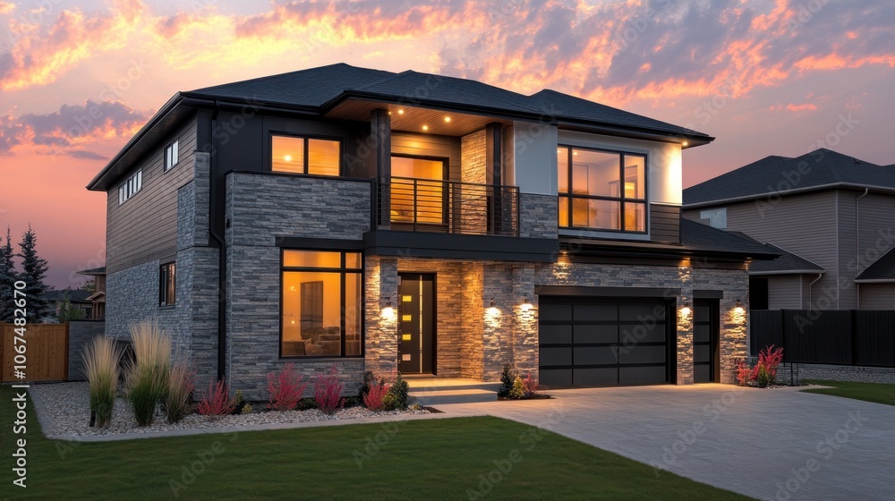 Modern two-story house with stone accents and landscaped yard at sunset. Modern two-story house with stone accents and landscaped yard at sunset.