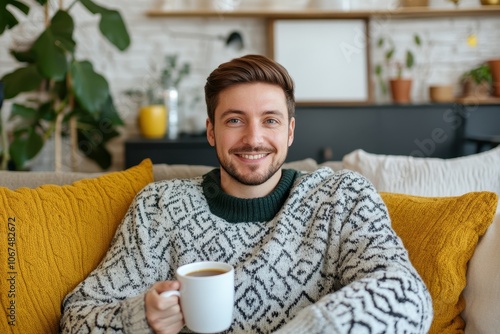 Content man sipping tea in a cozy living room