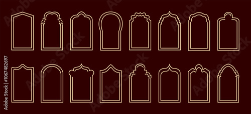Arched frames in oriental or art deco style. Arabic window shape. Gold geometric linear ornament.  Vector illustration.