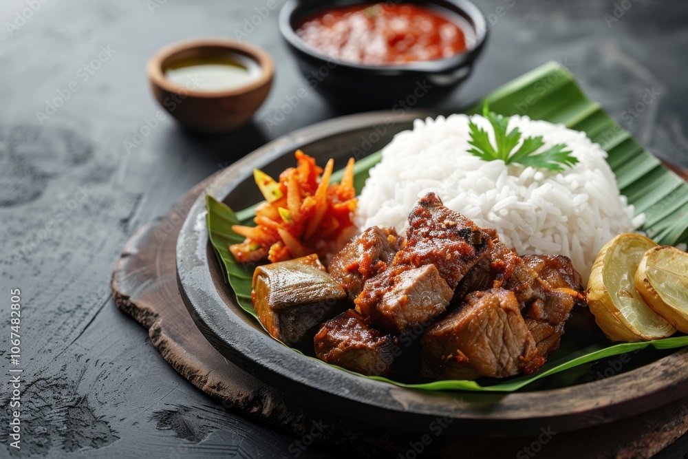 A beautifully presented plate of lamprais with rice, meat, and sambal, copy space for text A beautifully presented plate of lamprais with rice, meat, and sambal, copy space for text