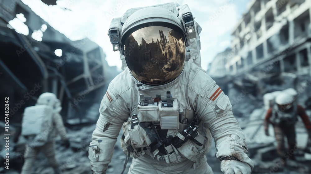 An astronaut ventures through a ruined cityscape, donning a reflective visor that mirrors the desolation, symbolizing exploration and human resilience. An astronaut ventures through a ruined cityscape, donning a reflective visor that mirrors the desolation, symbolizing exploration and human resilience.
