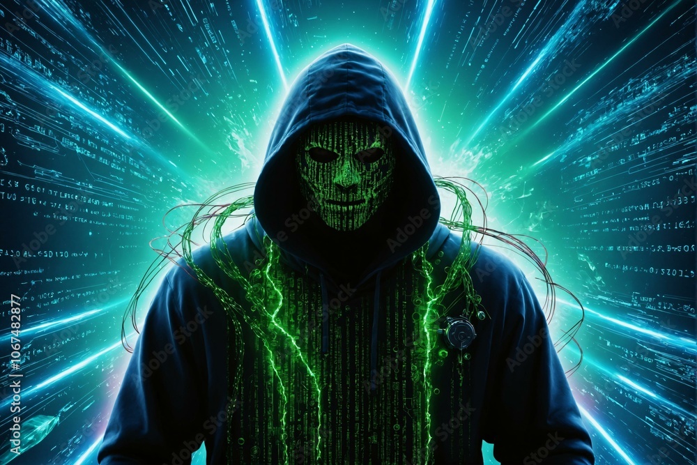 silhouette hacker in cascading green binary for high-tech digital aesthetics silhouette hacker in cascading green binary for high-tech digital aesthetics