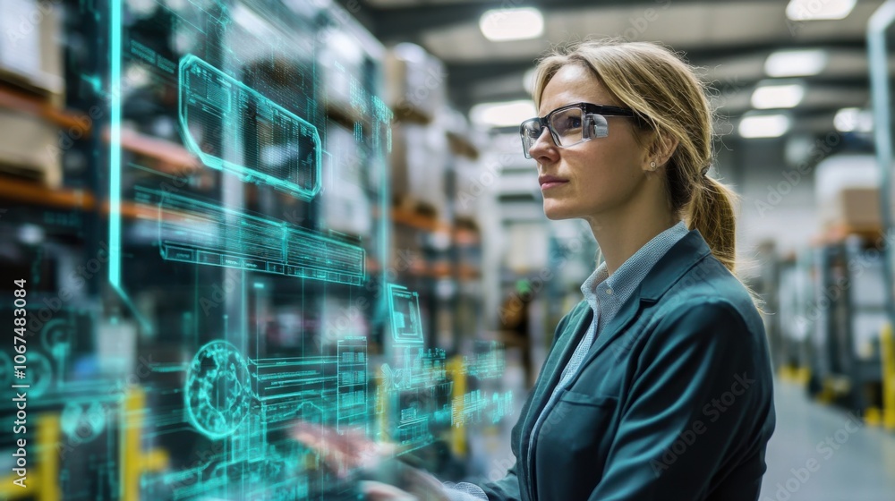 Woman in warehouse environment, focused on retail technology for inventory tracking and supply chain management Woman in warehouse environment, focused on retail technology for inventory tracking and supply chain management