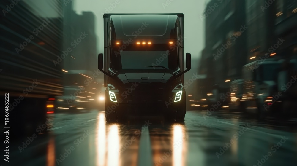 A futuristic truck navigates through a slick city street at night, with glistening reflections on wet pavement under dim, moody urban lights. A futuristic truck navigates through a slick city street at night, with glistening reflections on wet pavement under dim, moody urban lights.