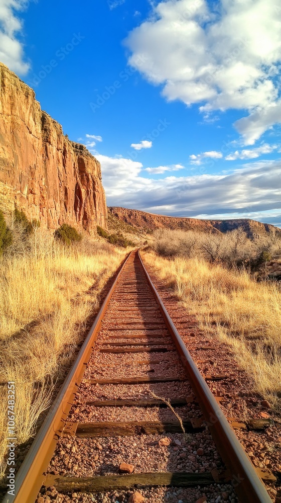 Train track is shown in the distance with a mountain in the background Train track is shown in the distance with a mountain in the background
